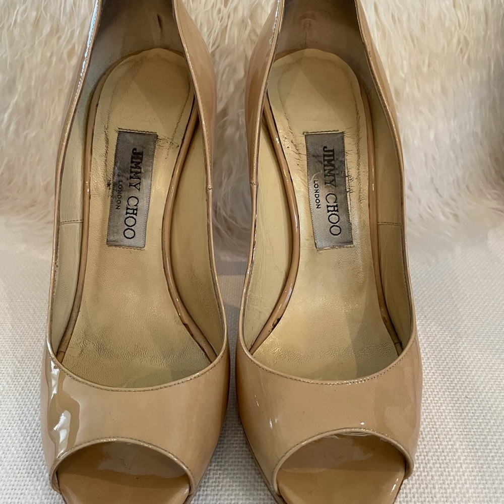 Jimmy Choo Patent Open Toe Tan Leather Heels